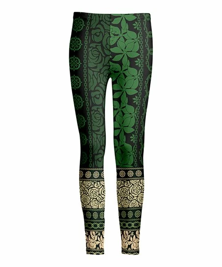 Lily | Black & Green Floral Scarf Print Leggings - Women 1 Lily | Black & Green Floral Scarf Print Leggings - Women