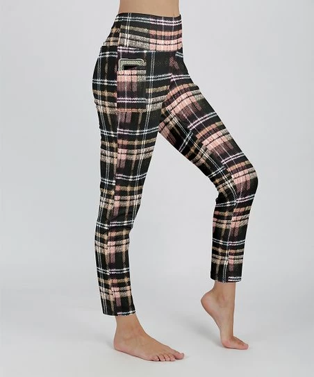 Lily | Black & Pink Plaid Pocket High-Waist Leggings - Women 1 Lily | Black & Pink Plaid Pocket High-Waist Leggings - Women