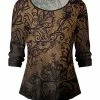 Lily | Black & Brown Lace-Print Three-Quarter Sleeve Scoop Neck Top - Women