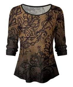 Lily | Black & Brown Lace-Print Three-Quarter Sleeve Scoop Neck Top - Women