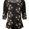 Lily | Black & Pink Floral Three-Quarter Sleeve Scoop Neck Top - Women