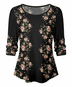 Lily | Black & Pink Floral Three-Quarter Sleeve Scoop Neck Top - Women