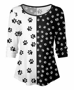 Lily | Black & White Color Block Paw Prints Three-Quarter Sleeve Scoop Neck Top - Women & Plus