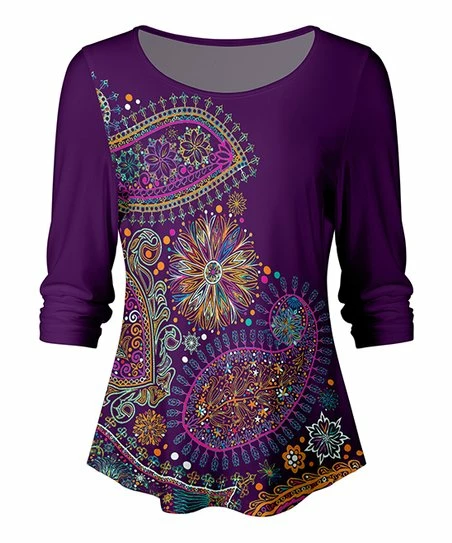 Lily | Purple & Magenta Abstract Three-Quarter Sleeve Scoop Neck Top - Women 1 Lily | Purple & Magenta Abstract Three-Quarter Sleeve Scoop Neck Top - Women