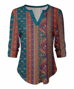 Lily | Teal & Red Paisley Notch Neck Top - Women & Plus