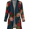 Lily | Blue & Red Floral Velvet Lapel Open Pocket Cardigan - Plus