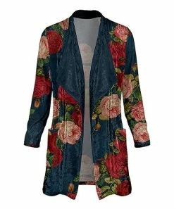 Lily | Blue & Red Floral Velvet Lapel Open Pocket Cardigan - Plus