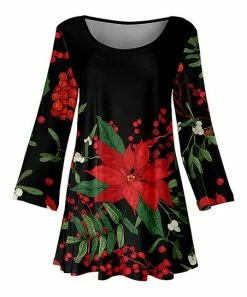 Lily | Black & Red Poinsettia Scoop Neck Three-Quarter Sleeve Tunic - Women & Plus