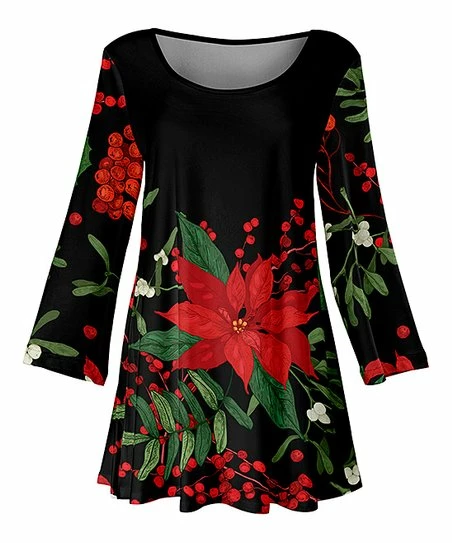 Lily | Black & Red Poinsettia Scoop Neck Three-Quarter Sleeve Tunic - Women & Plus 1 Lily | Black & Red Poinsettia Scoop Neck Three-Quarter Sleeve Tunic - Women & Plus