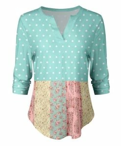 Lily | Turquoise & Pink Floral Dot Three-Quarter Sleeve V-Neck Top - Women