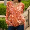 Lily | Orange & Lavender Leaves V-Neck Long-Sleeve Tunic - Plus