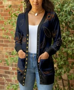 Lily | Navy & Brown Floral Pocket Snap-Button Cardigan - Women & Plus