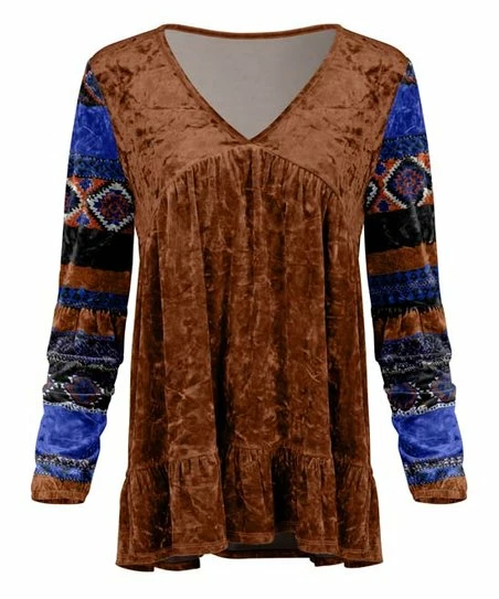 Lily | Brown & Blue Geometric Velvet Long-Sleeve V-Neck Tunic - Plus 1 Lily | Brown & Blue Geometric Velvet Long-Sleeve V-Neck Tunic - Plus