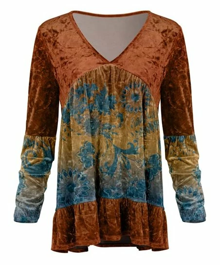 Lily | Rust & Blue Floral Block Velvet Long-Sleeve V-Neck Tunic - Women 1 Lily | Rust & Blue Floral Block Velvet Long-Sleeve V-Neck Tunic - Women