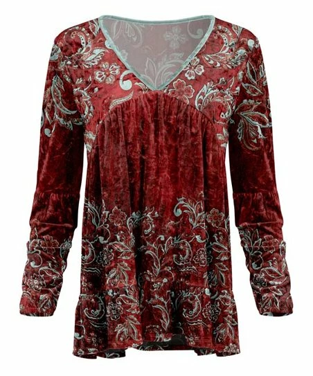 Lily | Red & Turquoise Floral Velvet Long-Sleeve V-Neck Tunic - Women 1 Lily | Red & Turquoise Floral Velvet Long-Sleeve V-Neck Tunic - Women