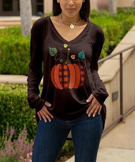 Lily | Orange & Purple Pumpkin V-Neck Tunic - Women 1 Lily | Orange & Purple Pumpkin V-Neck Tunic - Women