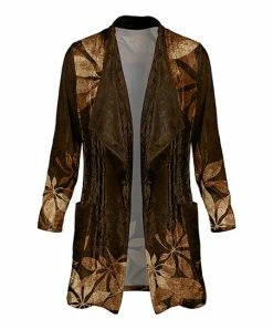 Lily | Brown & Beige Leaves Pocket Velvet Open Cardigan - Women