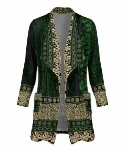 Lily | Green & Beige Floral Color Block Pocket Velvet Open Cardigan - Women