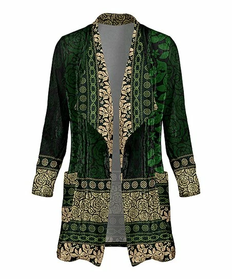 Lily | Green & Beige Floral Color Block Pocket Velvet Open Cardigan - Women 1 Lily | Green & Beige Floral Color Block Pocket Velvet Open Cardigan - Women