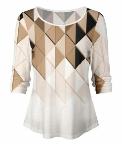 Lily | White & Beige Geometric Scoop Neck Top - Women