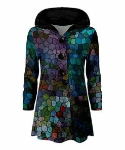 Lily | Teal & Black Stain Glass Velvet Button-Front Hoodie - Women