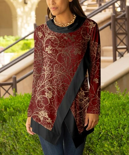 Lily | Red & Black Foral Overlap-Front Cowl Neck Tunic - Women 1 Lily | Red & Black Foral Overlap-Front Cowl Neck Tunic - Women