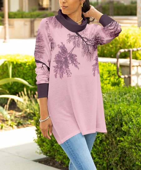 Lily | Rose & Purple Foliage Cowl Neck Tunic - Plus 1 Lily | Rose & Purple Foliage Cowl Neck Tunic - Plus
