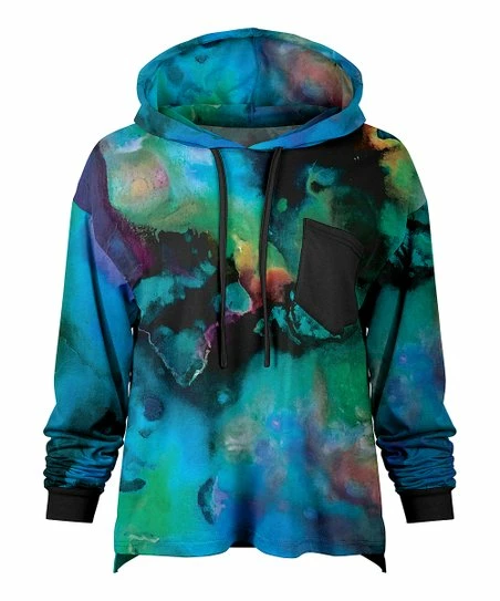 Lily | Blue & Green Abstract Drawstring Hoodie - Women 1 Lily | Blue & Green Abstract Drawstring Hoodie - Women