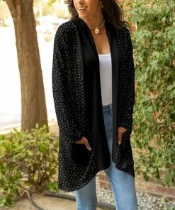 Lily | Black Multicolor Peacock Feather Pocket Open Cardigan - Plus