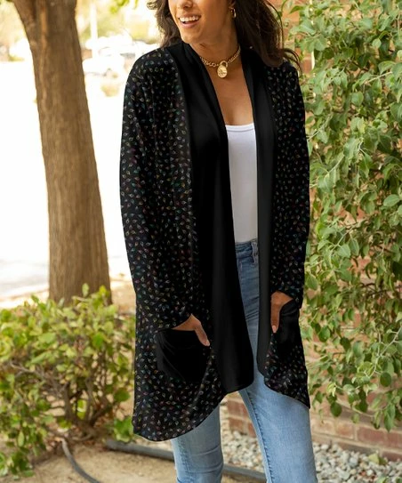 Lily | Black Multicolor Peacock Feather Pocket Open Cardigan - Plus 1 Lily | Black Multicolor Peacock Feather Pocket Open Cardigan - Plus