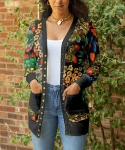 Lily | Black Floral Pocket Snap-Button Cardigan - Women & Plus