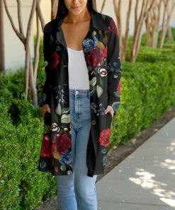 Lily | Black & Red Rose Pocket Button-Up Jacket - Women