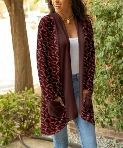 Lily | Red & Rust Feather Pocket Open Cardigan - Plus