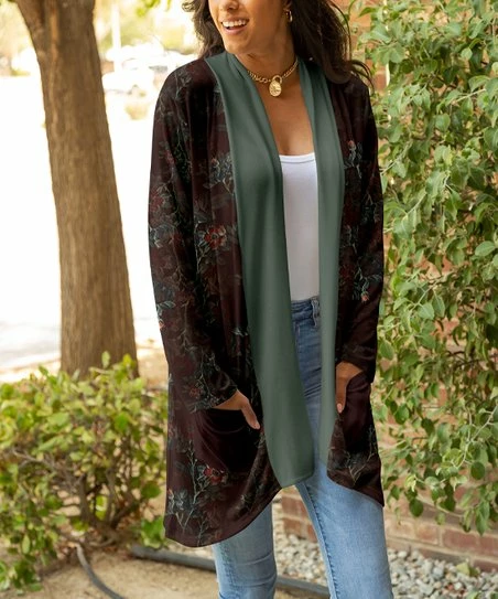 Lily | Brown & Olive Floral Pocket Open Cardigan - Plus 1 Lily | Brown & Olive Floral Pocket Open Cardigan - Plus