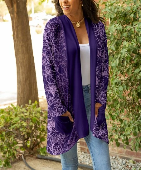 Lily | Purple & Lavender Leaf Pocket Open Cardigan - Plus 1 Lily | Purple & Lavender Leaf Pocket Open Cardigan - Plus