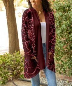 Lily | Red & Pink Floral Outline Pocket Open Cardigan - Plus
