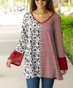 Lily | White & Red Stripe & Floral Bell-Sleeve V-Neck Tunic - Plus