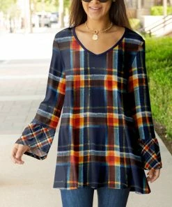 Lily | Navy & Orange Plaid Bell-Sleeve V-Neck Tunic - Plus