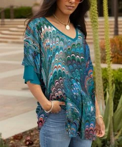 Lily | Teal & Abstract Ripple Purple V-Neck Tunic - Women