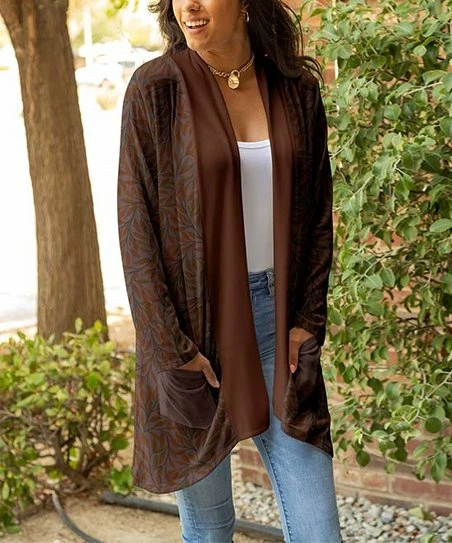 Lily | Rust & Taupe Leaf Pocket Open Cardigan - Plus 1 Lily | Rust & Taupe Leaf Pocket Open Cardigan - Plus