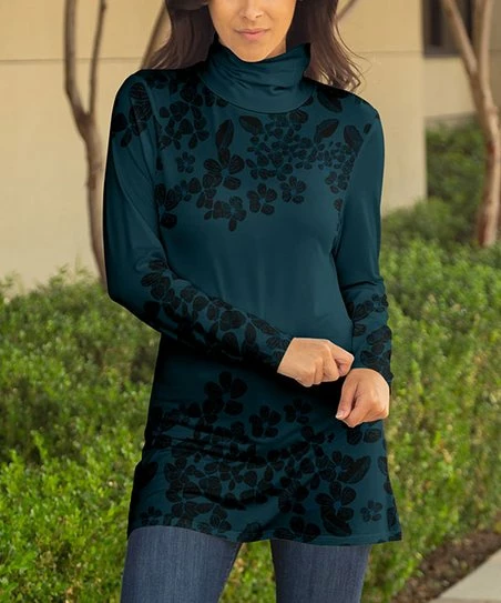 Lily | Black & Teal Floral Turtleneck Tunic - Women 1 Lily | Black & Teal Floral Turtleneck Tunic - Women