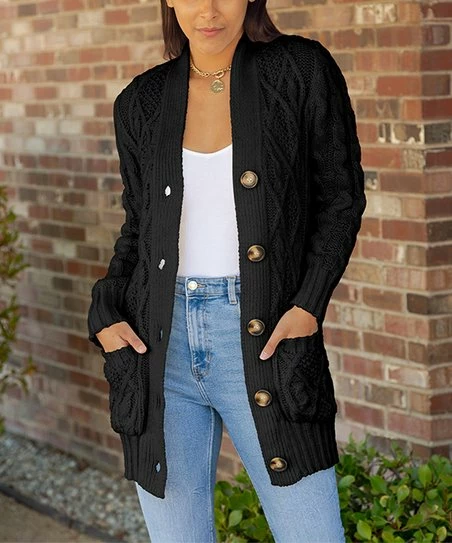 Lily | Black Cable-Knit Button-Up Cardigan - Women & Plus 1 Lily | Black Cable-Knit Button-Up Cardigan - Women & Plus