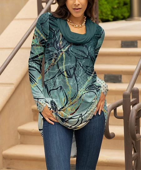 Lily | Teal & Gold Polka Dot Floral Long-Sleeve Cowl Neck Top - Plus 1 Lily | Teal & Gold Polka Dot Floral Long-Sleeve Cowl Neck Top - Plus