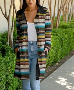 Lily | Black & Blue Stripe Pocket Button-Up Jacket - Plus