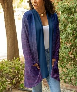 Lily | Blue & Purple Ombré Pocket Open Cardigan - Plus