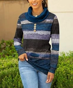 Lily | Blue & Gray Stripe Cowl Neck Tunic Sweater - Women & Plus