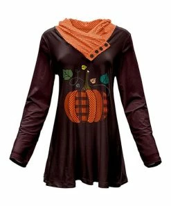 Lily | Brown & Orange Patchwork Pumpkin Button Cowl Neck Long-Sleeve Tunic - Women & Plus