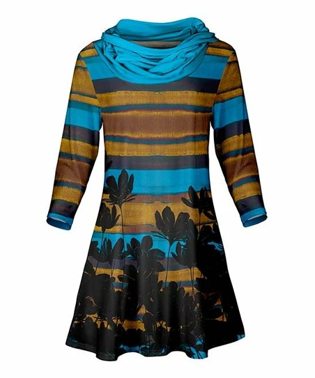 Lily | Gold & Blue Floral Stripe Cowl Neck Three-Quarter Sleeve Tunic - Women 1 Lily | Gold & Blue Floral Stripe Cowl Neck Three-Quarter Sleeve Tunic - Women