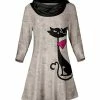 Lily | Beige & Black Cat Newsprint Cowl Neck Three-Quarter Sleeve Tunic - Plus
