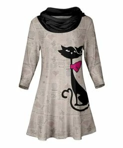 Lily | Beige & Black Cat Newsprint Cowl Neck Three-Quarter Sleeve Tunic - Plus